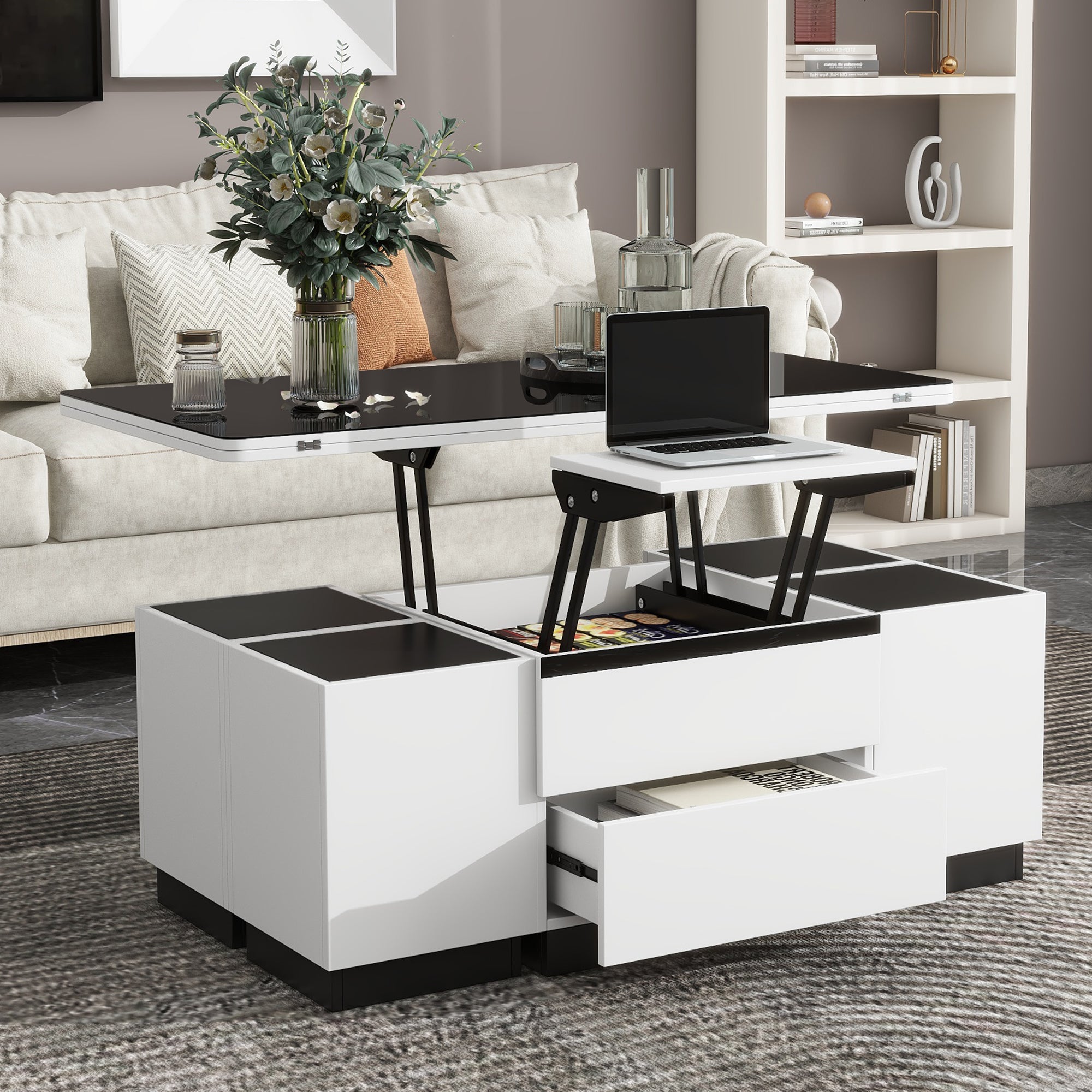 Modern White Lift Top Glass Coffee Table with Drawers & Storage Multifunction Table Modern White Lift Top Glass Coffee Table with Drawers & Storage Multifunction Table